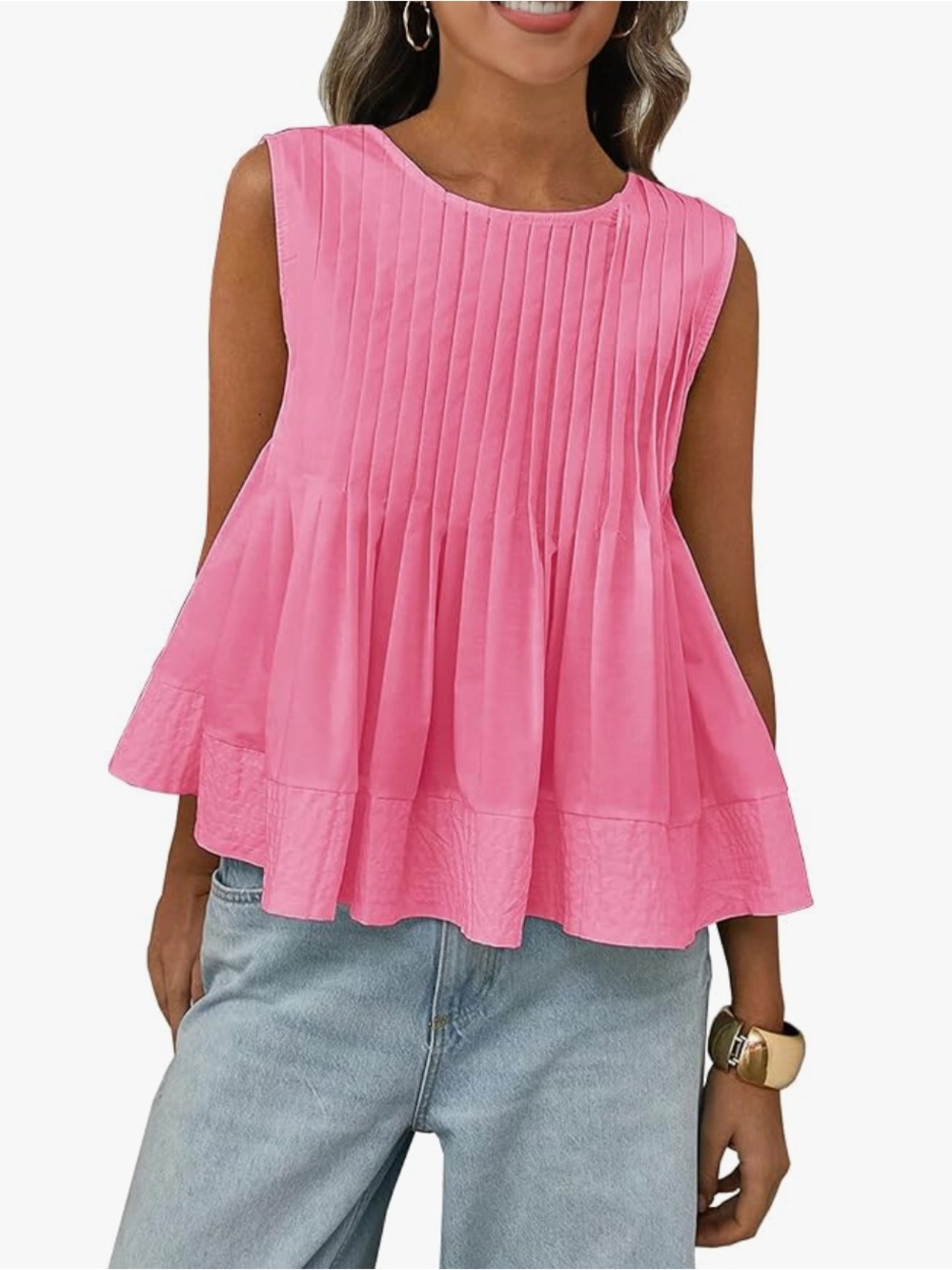 Sleeveless Hot Pink Pleated Tunic Top